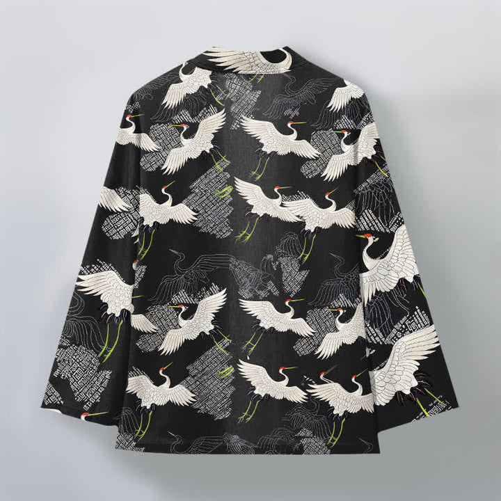 Buddha Stones Kimono da uomo in cotone bianco con motivo a onde e apertura frontale, con stampa gru. - image 11