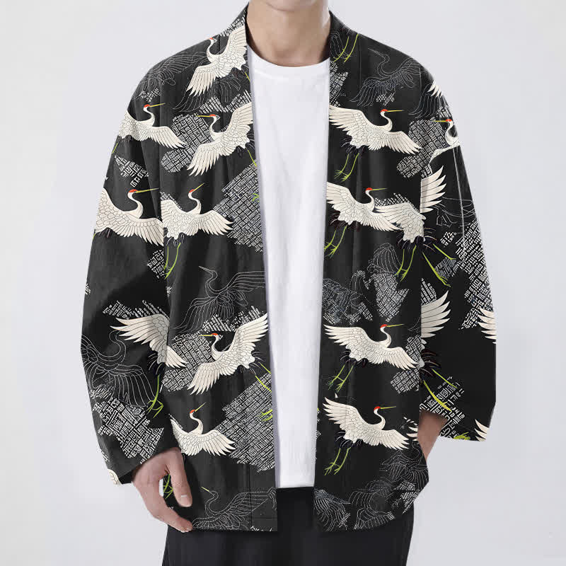 Buddha Stones Kimono da uomo in cotone bianco con motivo a onde e apertura frontale, con stampa gru. - Nero - US/UK/AU48, EU58 (4XL) - image 9