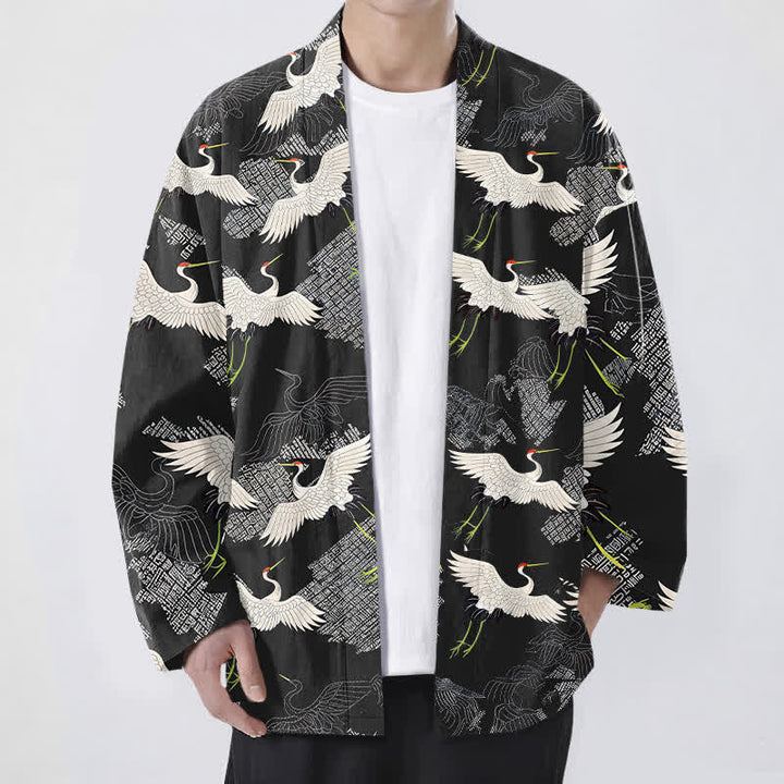 Buddha Stones Kimono da uomo in cotone bianco con motivo a onde e apertura frontale, con stampa gru. - Nero - US/UK/AU48, EU58 (4XL) - image 9