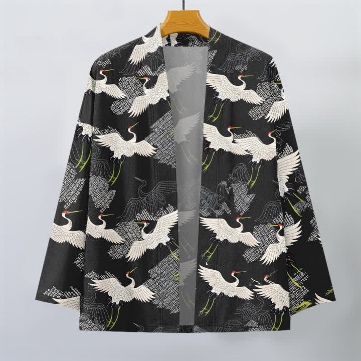 Buddha Stones Kimono da uomo in cotone bianco con motivo a onde e apertura frontale, con stampa gru. - image 10