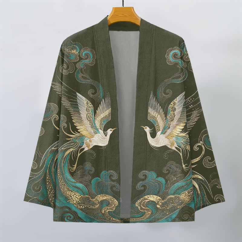 Buddha Stones Kimono da uomo in cotone con motivo gru dorata e nuvole marine, aperto sul davanti. - image 1
