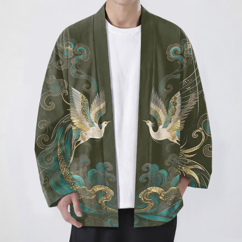 Buddha Stones Kimono da uomo in cotone con motivo gru dorata e nuvole marine, aperto sul davanti. - Verde oliva scuro - US/UK/AU48, EU58 (4XL) - image 0