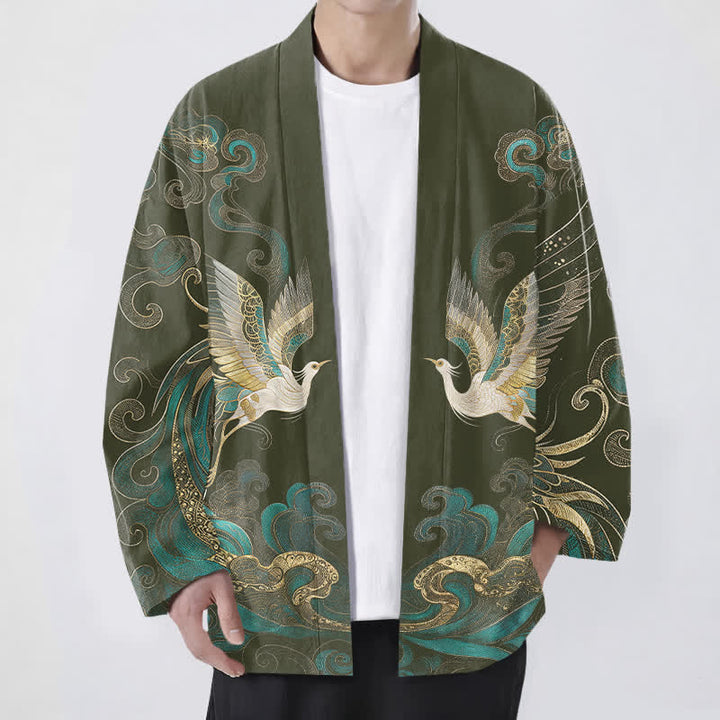 Buddha Stones Kimono da uomo in cotone con motivo gru dorata e nuvole marine, aperto sul davanti. - Verde oliva scuro - US/UK/AU48, EU58 (4XL) - image 0
