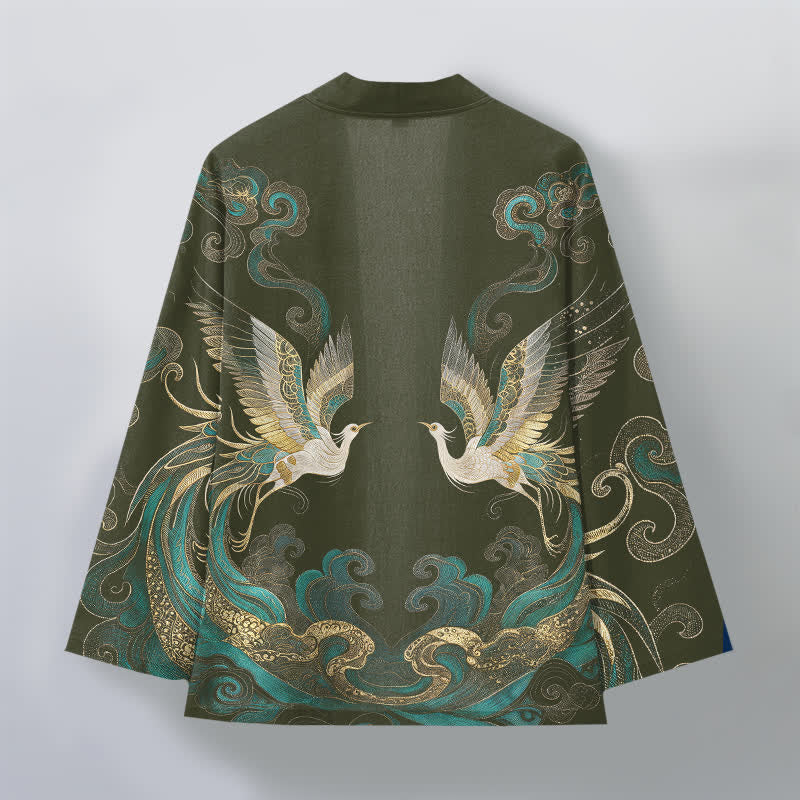 Buddha Stones Kimono da uomo in cotone con motivo gru dorata e nuvole marine, aperto sul davanti. - image 2