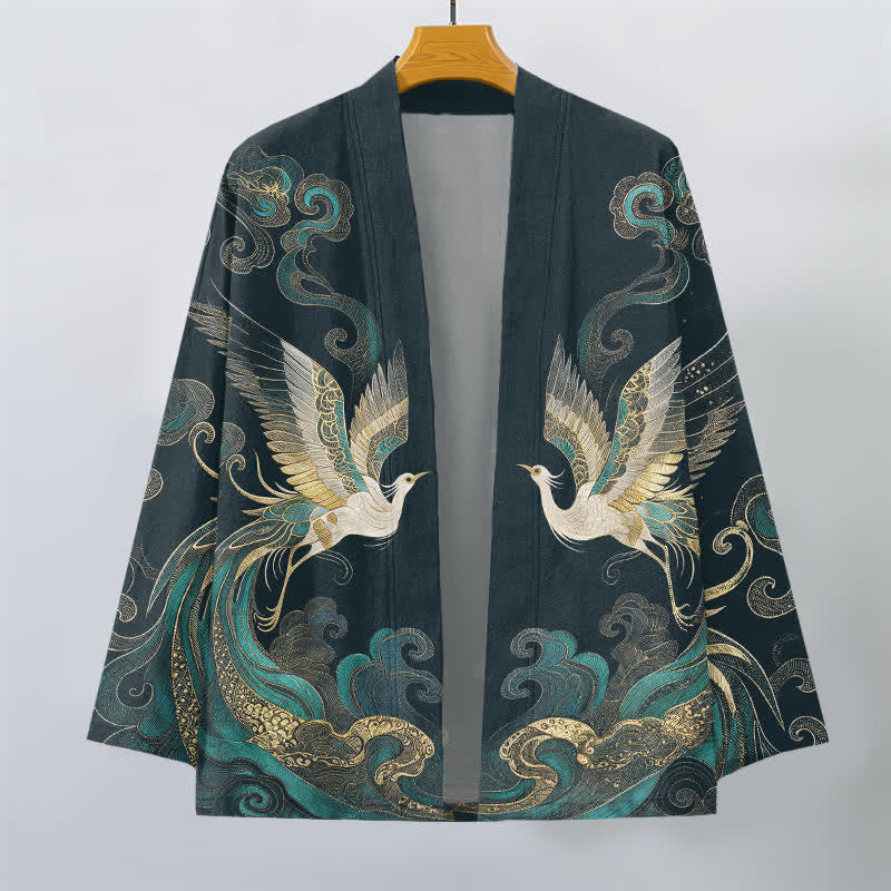 Buddha Stones Kimono da uomo in cotone con motivo gru dorata e nuvole marine, aperto sul davanti. - image 7