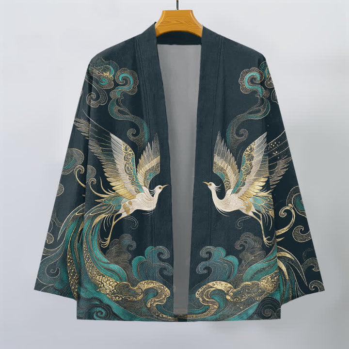 Buddha Stones Kimono da uomo in cotone con motivo gru dorata e nuvole marine, aperto sul davanti. - image 7