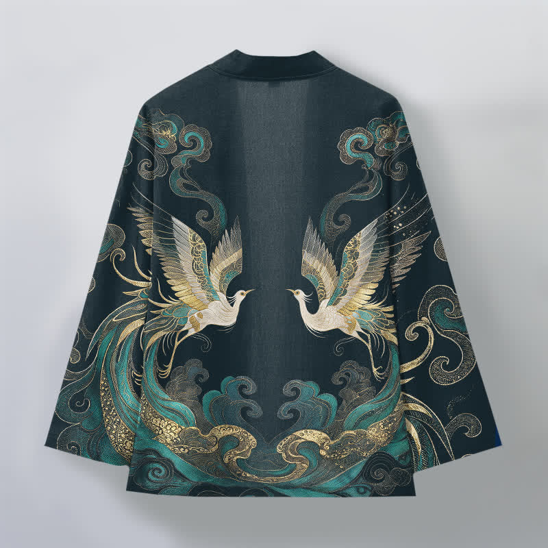Buddha Stones Kimono da uomo in cotone con motivo gru dorata e nuvole marine, aperto sul davanti. - image 8