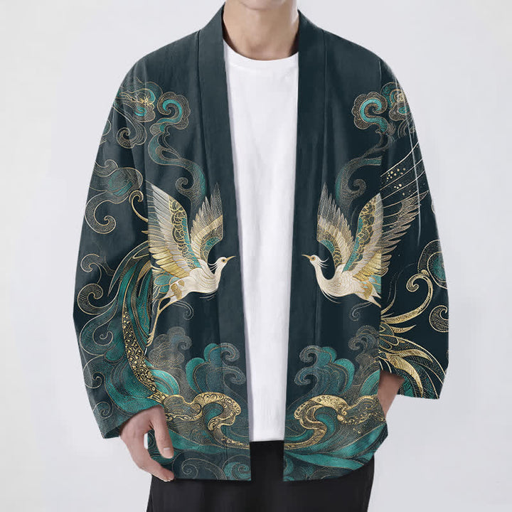 Buddha Stones Kimono da uomo in cotone con motivo gru dorata e nuvole marine, aperto sul davanti. - Verde acqua - US/UK/AU48, EU58 (4XL) - image 6