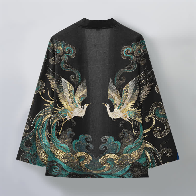 Buddha Stones Kimono da uomo in cotone con motivo gru dorata e nuvole marine, aperto sul davanti. - image 11