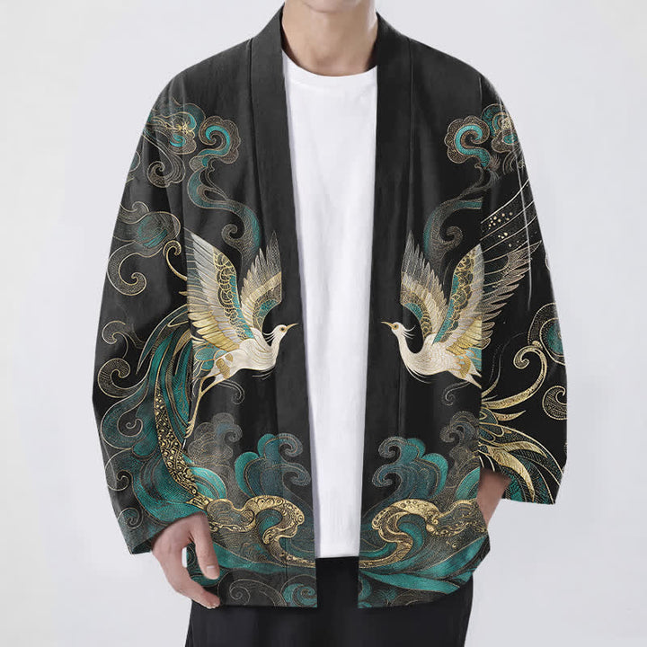 Buddha Stones Kimono da uomo in cotone con motivo gru dorata e nuvole marine, aperto sul davanti. - Nero - US/UK/AU48, EU58 (4XL) - image 9