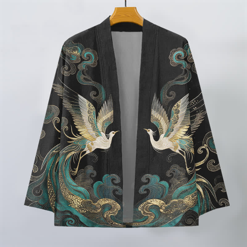 Buddha Stones Kimono da uomo in cotone con motivo gru dorata e nuvole marine, aperto sul davanti. - image 10