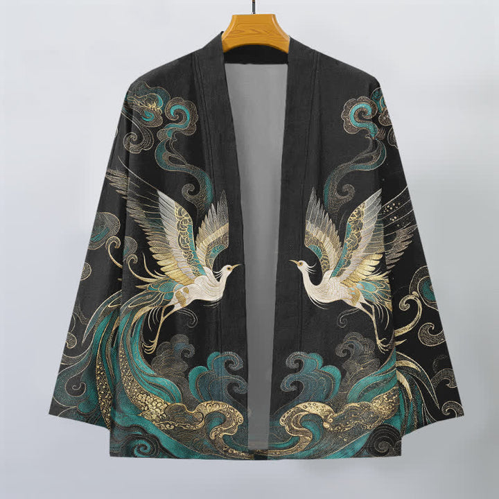 Buddha Stones Kimono da uomo in cotone con motivo gru dorata e nuvole marine, aperto sul davanti. - image 10