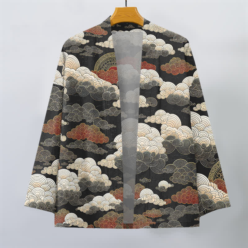 Buddha Stones Kimono da uomo in cotone con apertura frontale e motivo a nuvole di buon auspicio e marea. - image 1