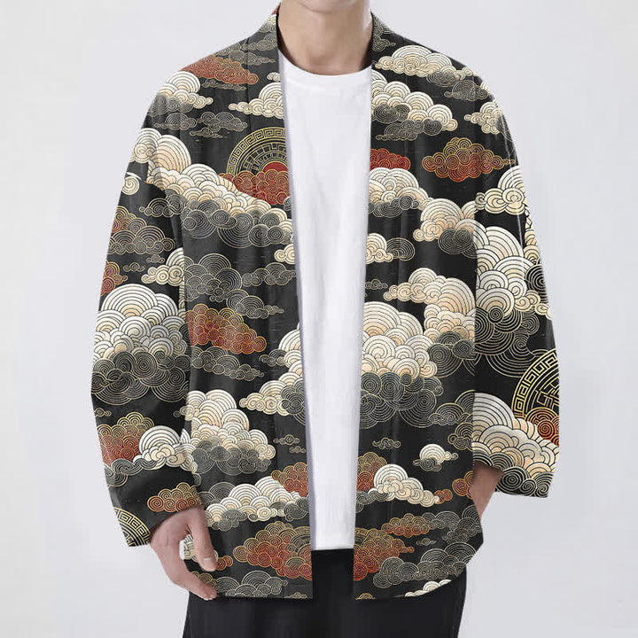 Buddha Stones Kimono da uomo in cotone con apertura frontale e motivo a nuvole di buon auspicio e marea. - Nero - US/UK/AU48, EU58 (4XL) - image 0