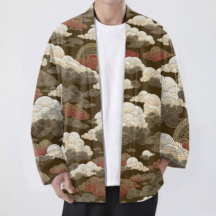 Buddha Stones Kimono da uomo in cotone con apertura frontale e motivo a nuvole di buon auspicio e marea. - Marrone sella - US/UK/AU48, EU58 (4XL) - image 6