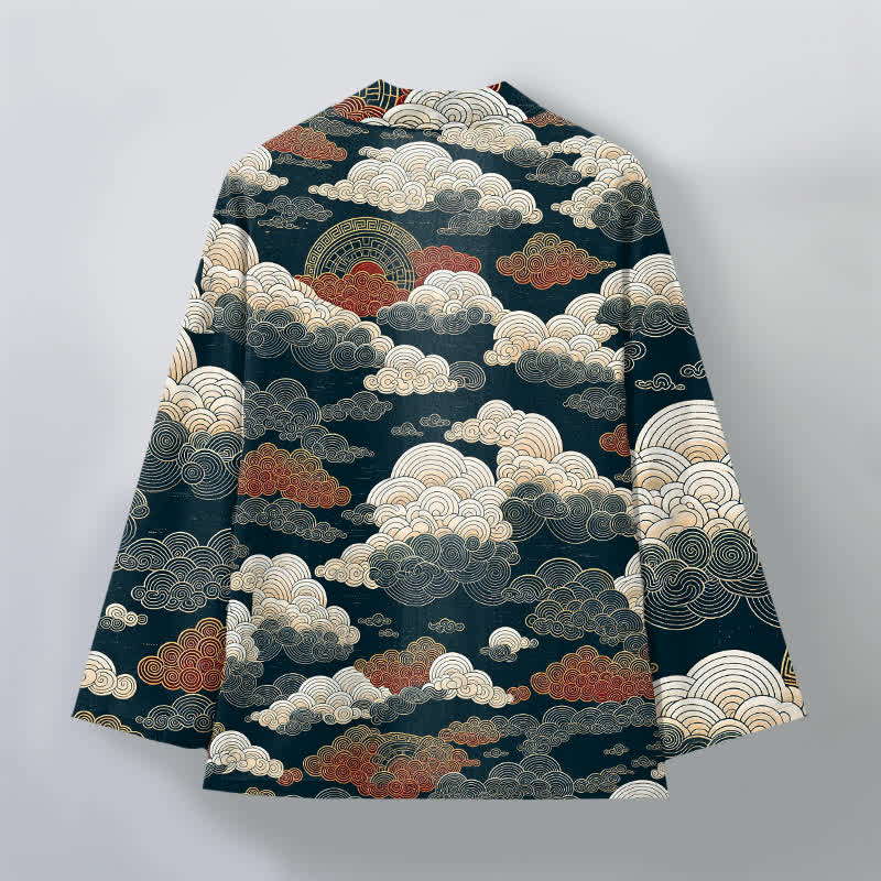 Buddha Stones Kimono da uomo in cotone con apertura frontale e motivo a nuvole di buon auspicio e marea. - image 11