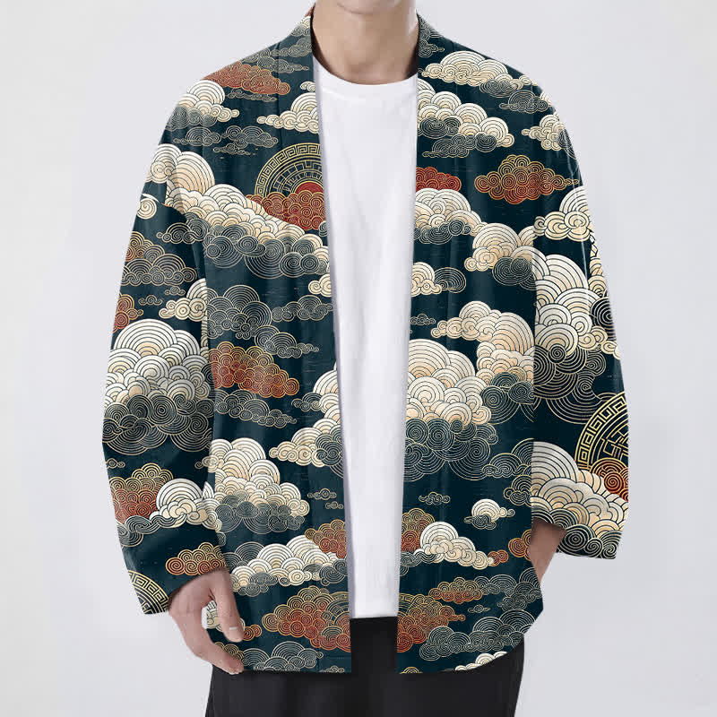 Buddha Stones Kimono da uomo in cotone con apertura frontale e motivo a nuvole di buon auspicio e marea. - Marina - US/UK/AU48, EU58 (4XL) - image 9
