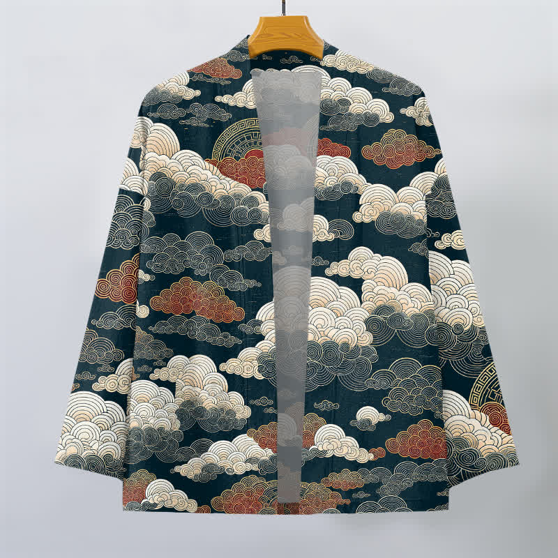Buddha Stones Kimono da uomo in cotone con apertura frontale e motivo a nuvole di buon auspicio e marea. - image 10