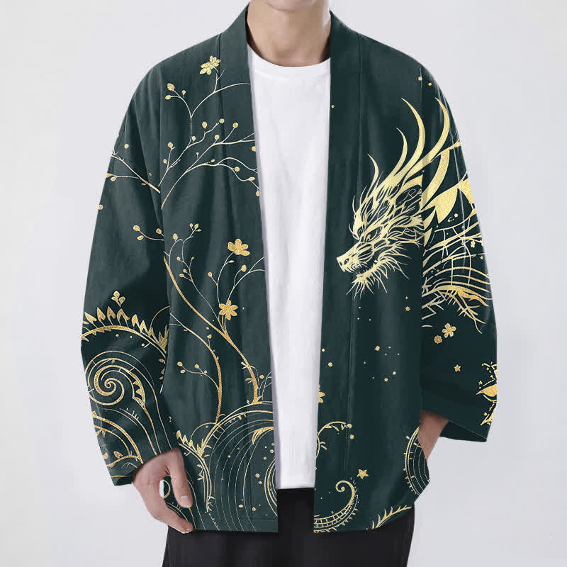 Buddha Stones Kimono da uomo in cotone con stampa floreale e motivo drago, aperto sul davanti. - Verde acqua - US/UK/AU48, EU58 (4XL) - image 0