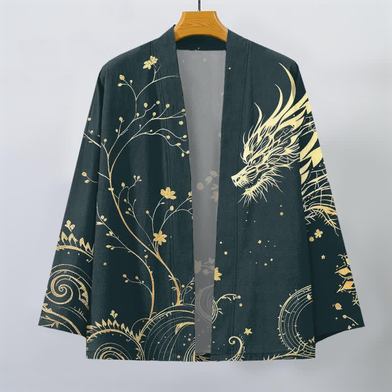 Buddha Stones Kimono da uomo in cotone con stampa floreale e motivo drago, aperto sul davanti. - image 1
