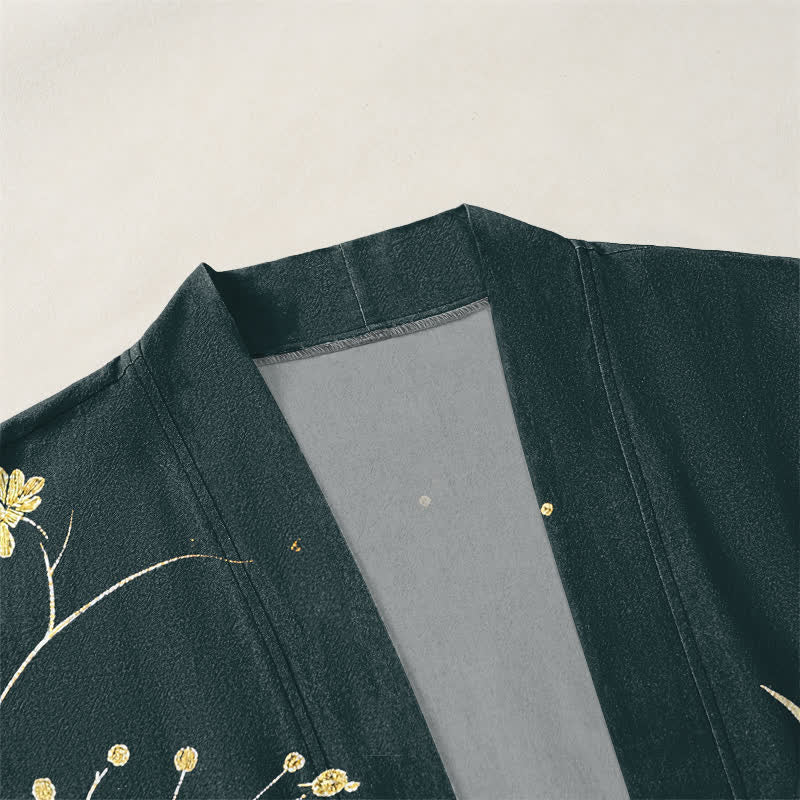 Buddha Stones Kimono da uomo in cotone con stampa floreale e motivo drago, aperto sul davanti. - image 3