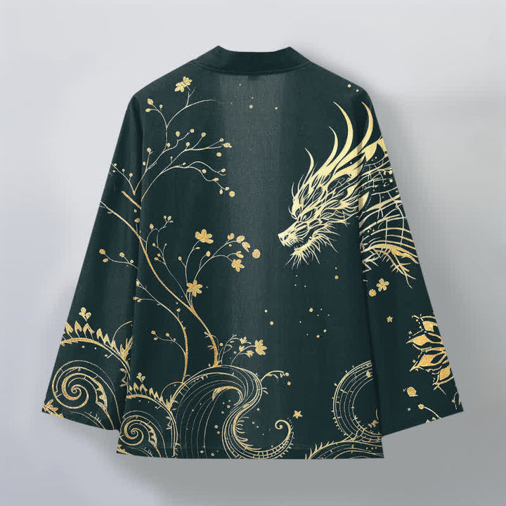 Buddha Stones Kimono da uomo in cotone con stampa floreale e motivo drago, aperto sul davanti. - image 2