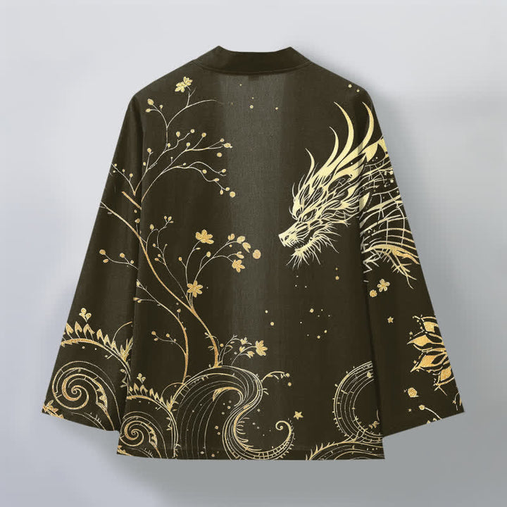 Buddha Stones Kimono da uomo in cotone con stampa floreale e motivo drago, aperto sul davanti. - image 8