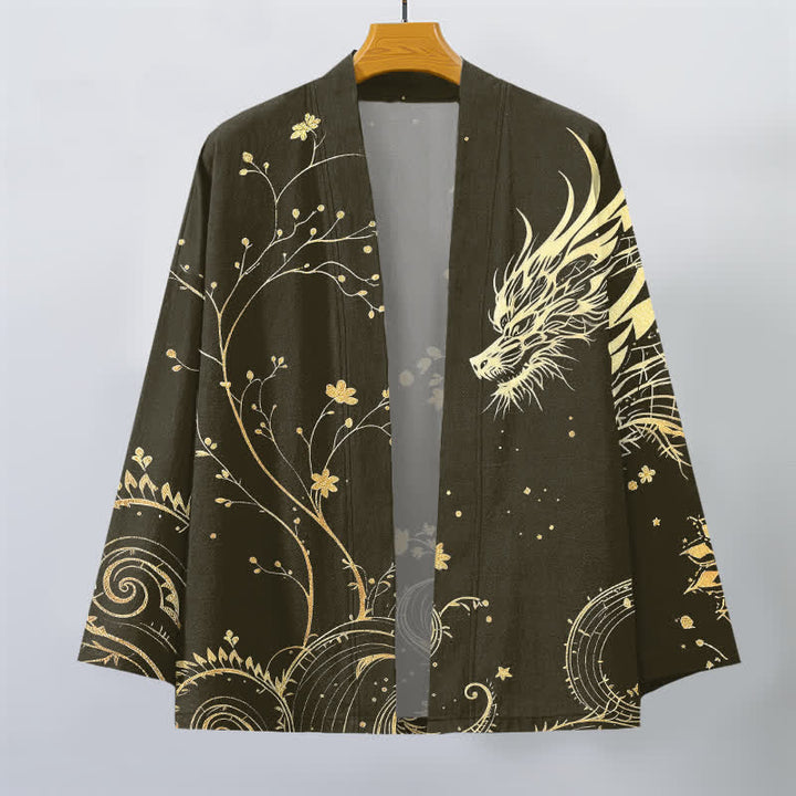 Buddha Stones Kimono da uomo in cotone con stampa floreale e motivo drago, aperto sul davanti. - image 7