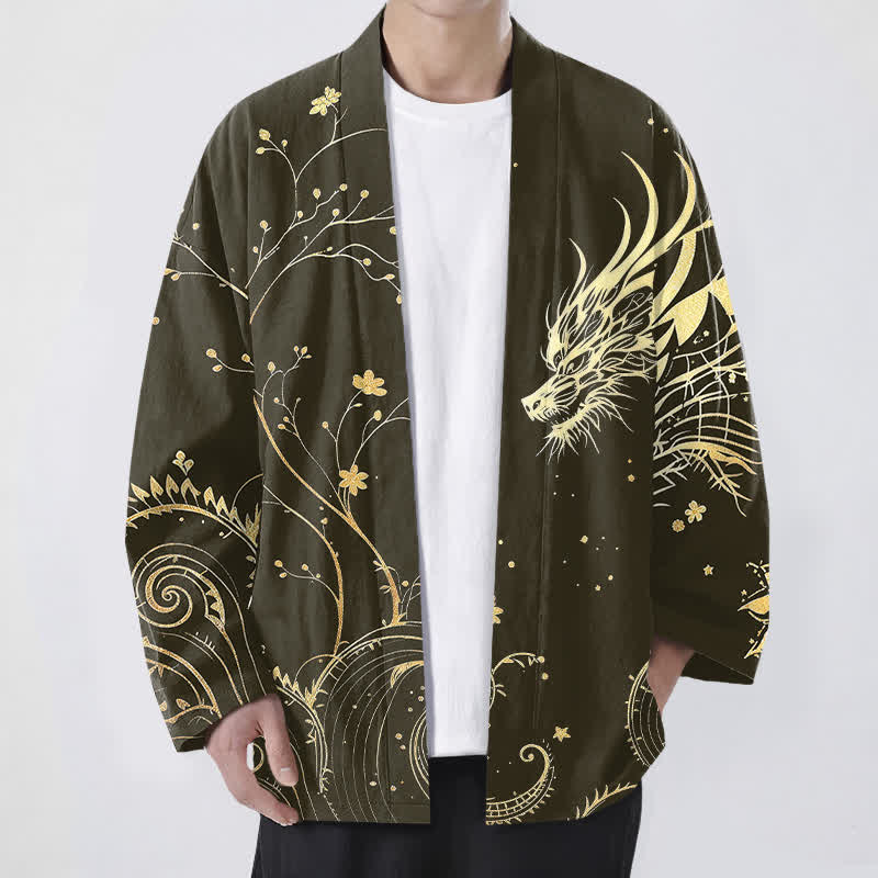 Buddha Stones Kimono da uomo in cotone con stampa floreale e motivo drago, aperto sul davanti. - Oliva - US/UK/AU48, EU58 (4XL) - image 6