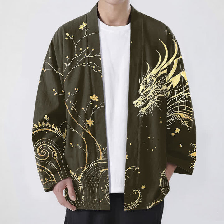 Buddha Stones Kimono da uomo in cotone con stampa floreale e motivo drago, aperto sul davanti. - Oliva - US/UK/AU48, EU58 (4XL) - image 6