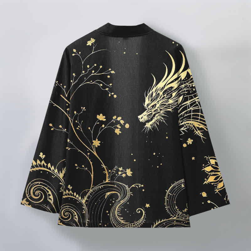 Buddha Stones Kimono da uomo in cotone con stampa floreale e motivo drago, aperto sul davanti. - image 11