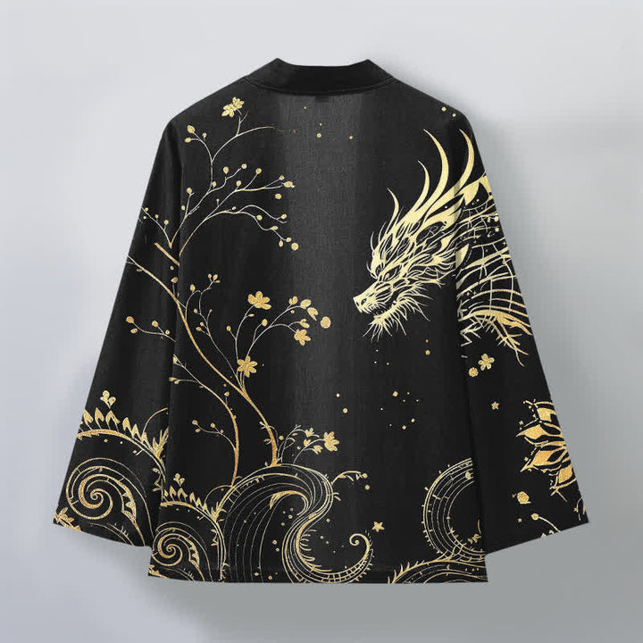 Buddha Stones Kimono da uomo in cotone con stampa floreale e motivo drago, aperto sul davanti. - image 11