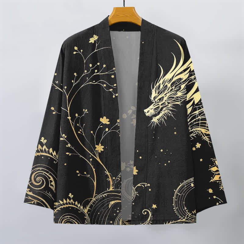 Buddha Stones Kimono da uomo in cotone con stampa floreale e motivo drago, aperto sul davanti. - image 10