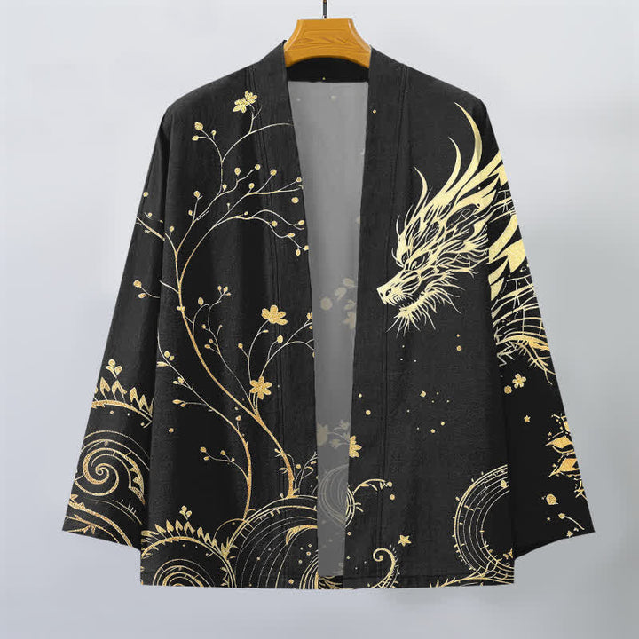 Buddha Stones Kimono da uomo in cotone con stampa floreale e motivo drago, aperto sul davanti. - image 10