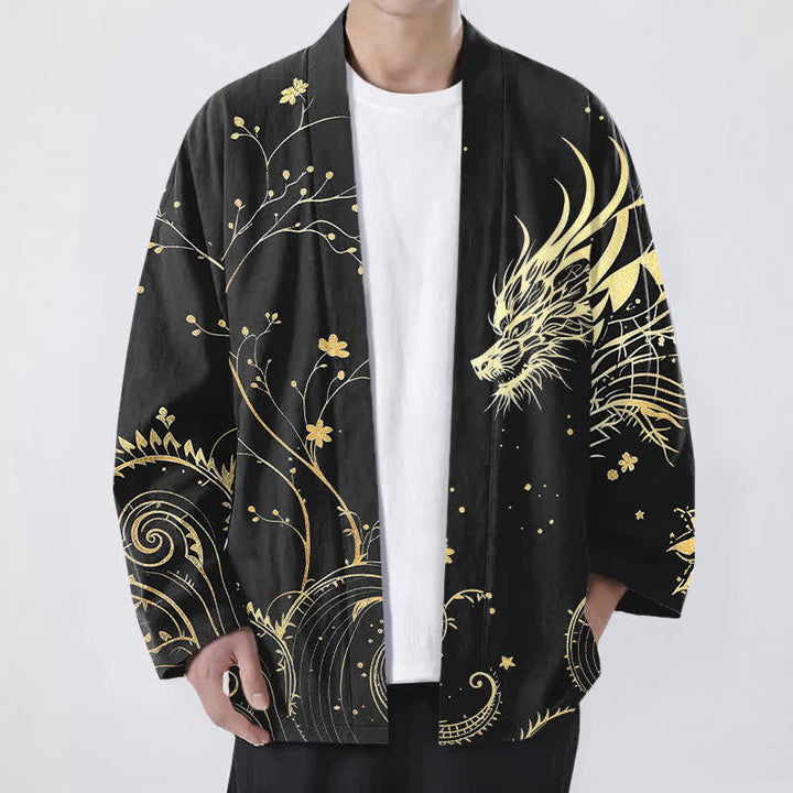 Buddha Stones Kimono da uomo in cotone con stampa floreale e motivo drago, aperto sul davanti. - Nero - US/UK/AU48, EU58 (4XL) - image 9