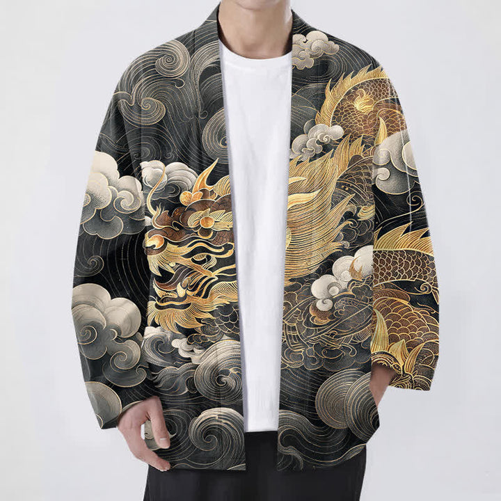 Buddha Stones Kimono da uomo in cotone con motivo drago, nuvole e mare, aperto sul davanti. - Nero - US/UK/AU48, EU58 (4XL) - image 0