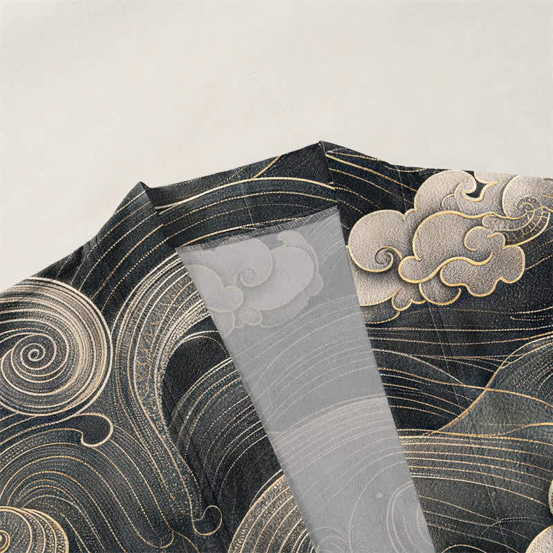 Buddha Stones Kimono da uomo in cotone con motivo drago, nuvole e mare, aperto sul davanti. - image 3