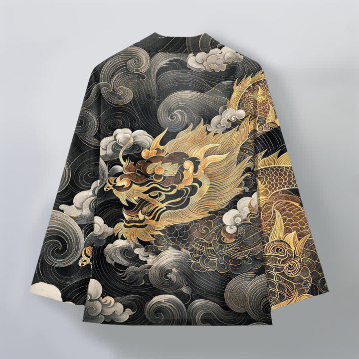 Buddha Stones Kimono da uomo in cotone con motivo drago, nuvole e mare, aperto sul davanti. - image 2