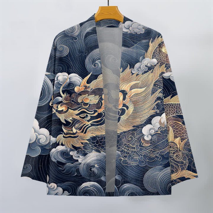 Buddha Stones Kimono da uomo in cotone con motivo drago, nuvole e mare, aperto sul davanti. - image 7