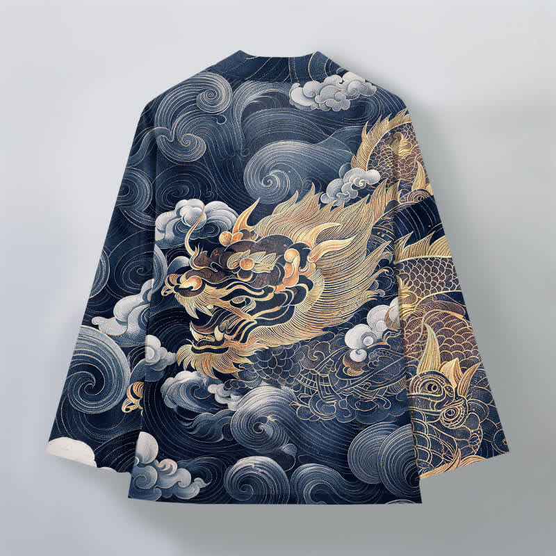 Buddha Stones Kimono da uomo in cotone con motivo drago, nuvole e mare, aperto sul davanti. - image 8