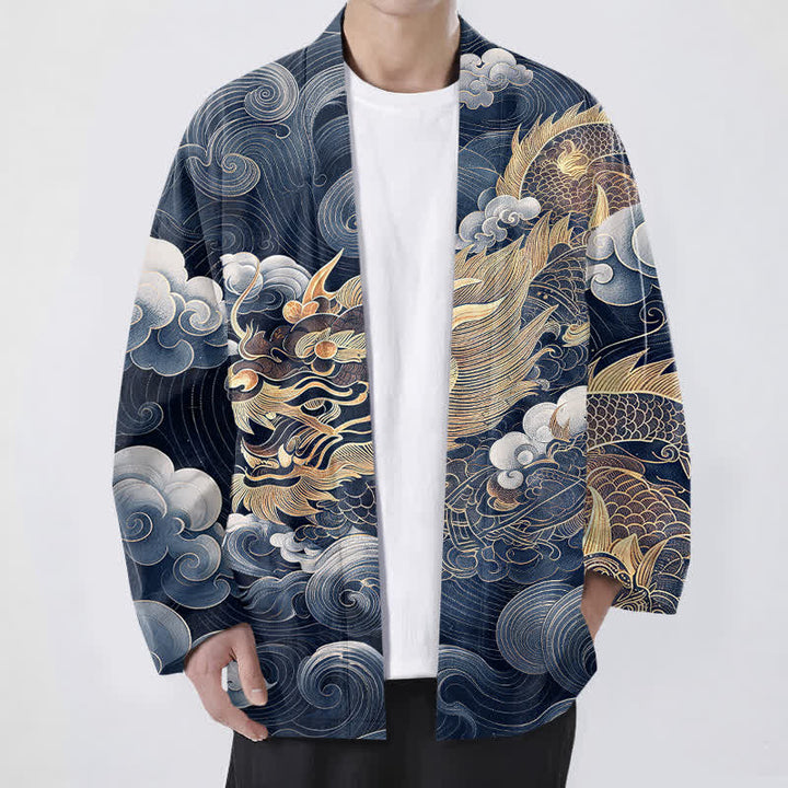Buddha Stones Kimono da uomo in cotone con motivo drago, nuvole e mare, aperto sul davanti. - Marina - US/UK/AU48, EU58 (4XL) - image 6