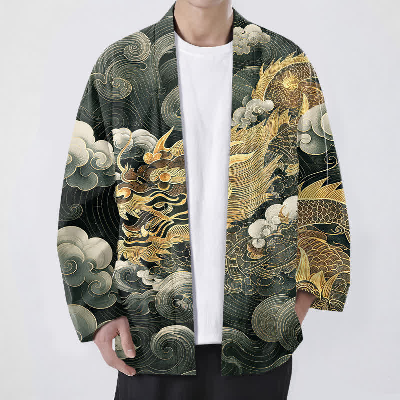 Buddha Stones Kimono da uomo in cotone con motivo drago, nuvole e mare, aperto sul davanti. - Verde scuro - US/UK/AU48, EU58 (4XL) - image 9