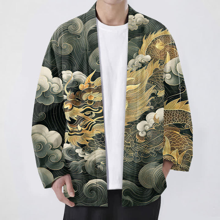Buddha Stones Kimono da uomo in cotone con motivo drago, nuvole e mare, aperto sul davanti. - Verde scuro - US/UK/AU48, EU58 (4XL) - image 9