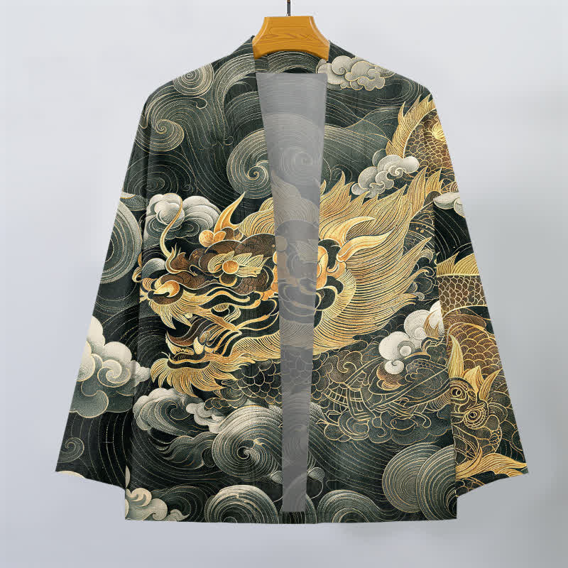 Buddha Stones Kimono da uomo in cotone con motivo drago, nuvole e mare, aperto sul davanti. - image 10
