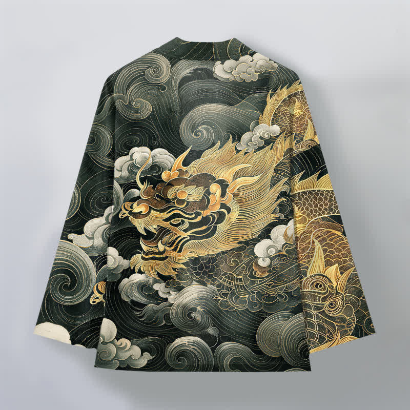 Buddha Stones Kimono da uomo in cotone con motivo drago, nuvole e mare, aperto sul davanti. - image 11