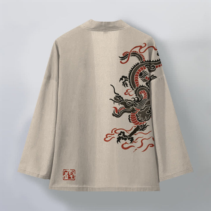 Buddha Stones Kimono da uomo in cotone nero con motivo drago rosso e apertura frontale. - image 2