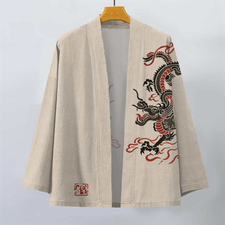Buddha Stones Kimono da uomo in cotone nero con motivo drago rosso e apertura frontale. - image 1