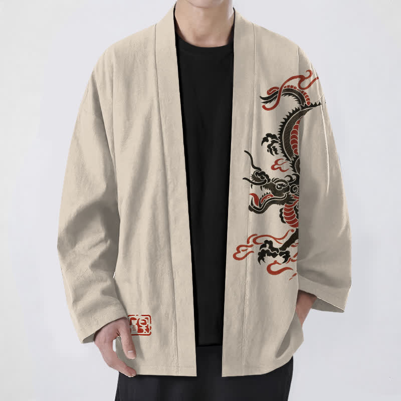 Buddha Stones Kimono da uomo in cotone nero con motivo drago rosso e apertura frontale. - Beige - US/UK/AU48, EU58 (4XL) - image 0