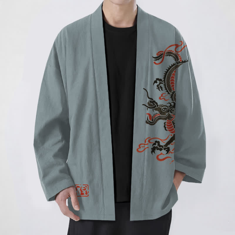 Buddha Stones Kimono da uomo in cotone nero con motivo drago rosso e apertura frontale. - Cadetto Blu - US/UK/AU48, EU58 (4XL) - image 6