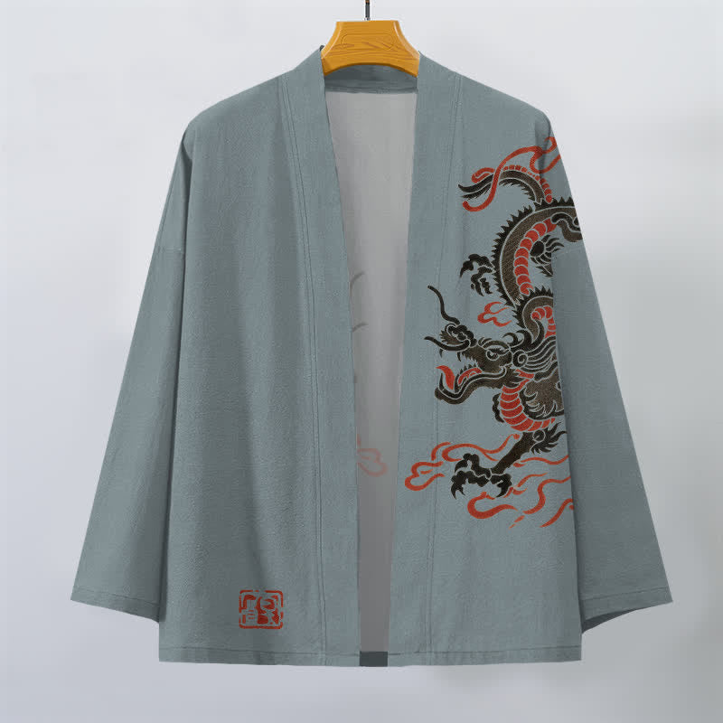 Buddha Stones Kimono da uomo in cotone nero con motivo drago rosso e apertura frontale. - image 7